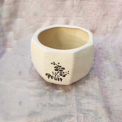 Polygon White Planter with Flower Design